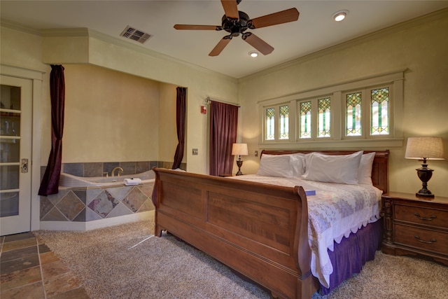 tiled bedroom with ceiling fan