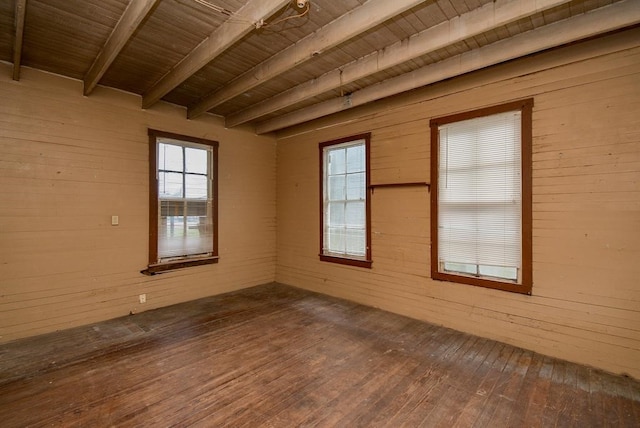 unfurnished room with beam ceiling, hardwood / wood-style flooring, wood ceiling, and wooden walls