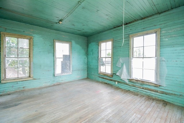 spare room with wood walls, wooden ceiling, wood-type flooring, and plenty of natural light