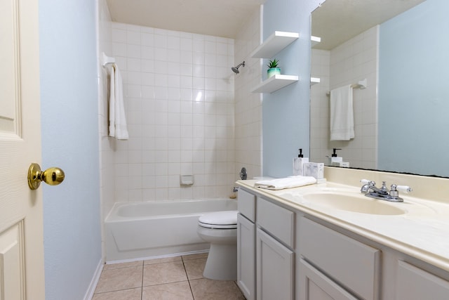 full bathroom featuring tile patterned floors, tiled shower / bath, vanity, and toilet