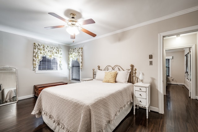 bedroom with ornamental molding, dark hardwood / wood-style floors, and ceiling fan