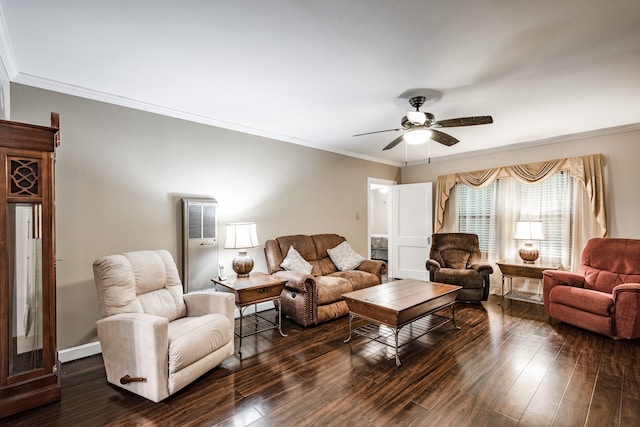 living room with crown molding, dark hardwood / wood-style floors, and ceiling fan