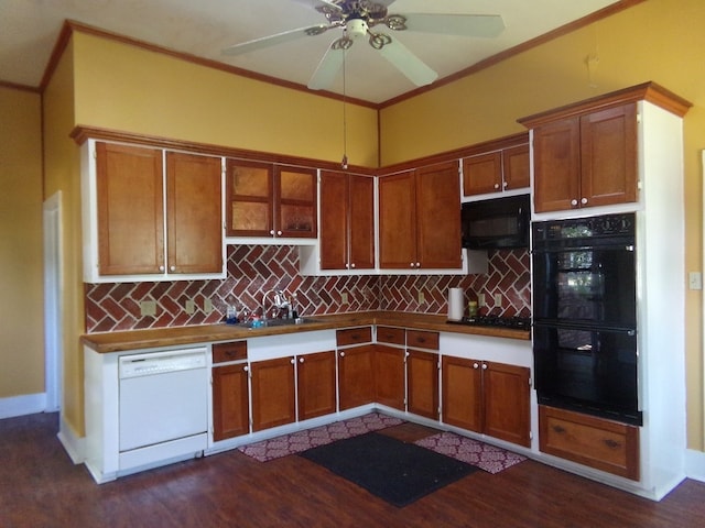 kitchen featuring ceiling fan, dark wood-type flooring, black appliances, backsplash, and sink