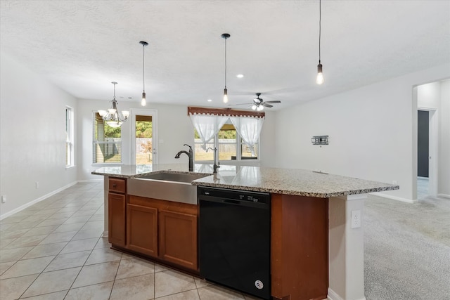 kitchen featuring sink, black dishwasher, an island with sink, light carpet, and ceiling fan with notable chandelier