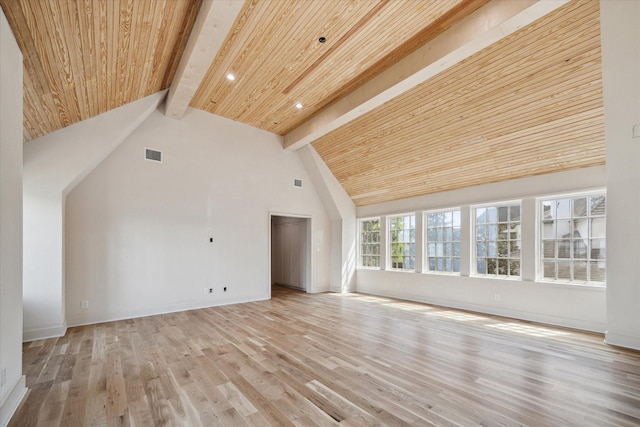 bonus room with light wood finished floors, beamed ceiling, high vaulted ceiling, and wood ceiling