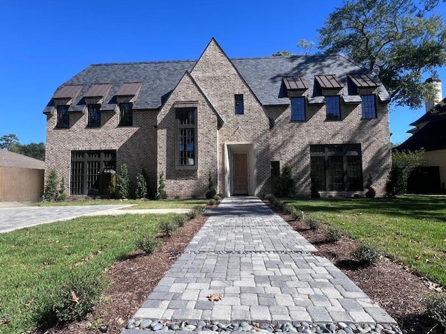 view of front of home featuring brick siding and a front lawn