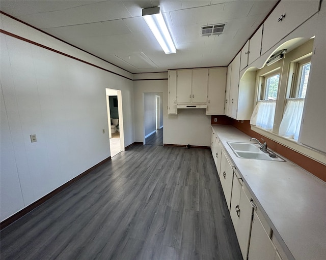 kitchen featuring white cabinetry, dark wood-type flooring, and sink