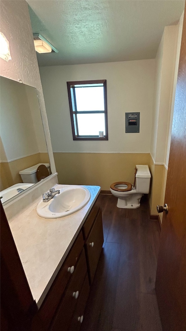 bathroom featuring toilet, wood-type flooring, and vanity with extensive cabinet space