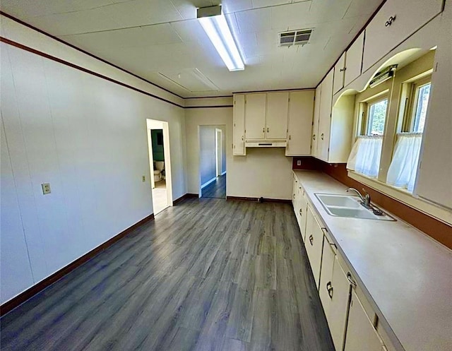 911 Dallas St, Port Neches, TX 77651 - kitchen featuring under cabinet range hood, visible vents, a sink, dark wood-style flooring, and white cabinetry