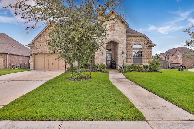 view of front of home with a front lawn and a garage