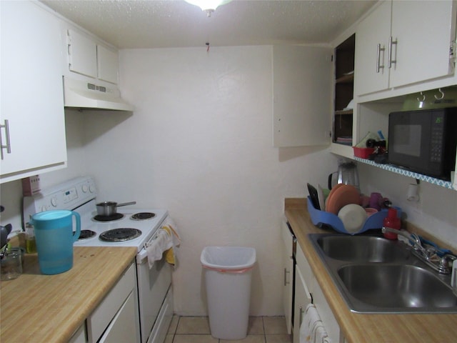 kitchen featuring sink, white cabinets, custom exhaust hood, and white electric range