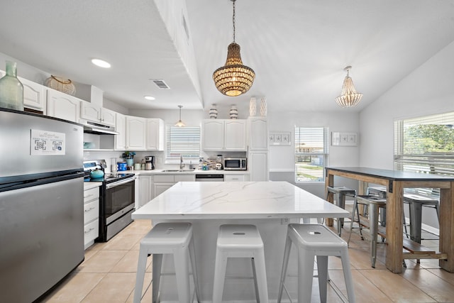 kitchen featuring a breakfast bar, hanging light fixtures, stainless steel appliances, and white cabinetry