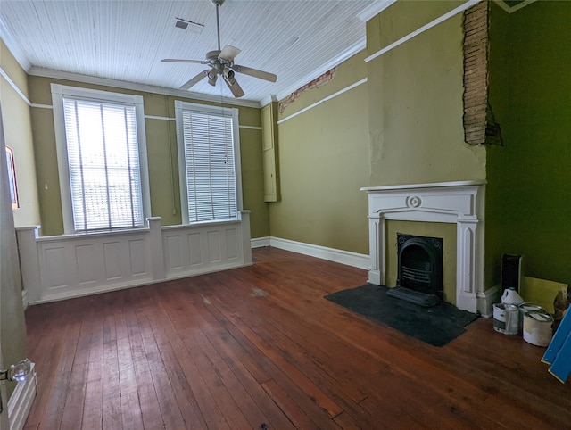 unfurnished living room with wooden ceiling, ceiling fan, crown molding, and dark hardwood / wood-style floors