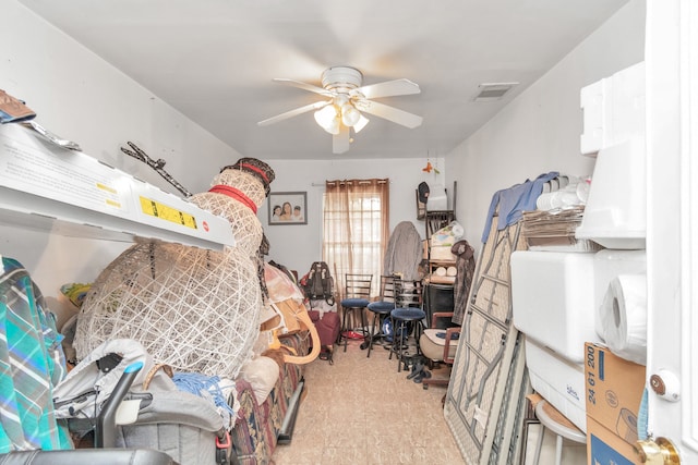 storage room featuring ceiling fan