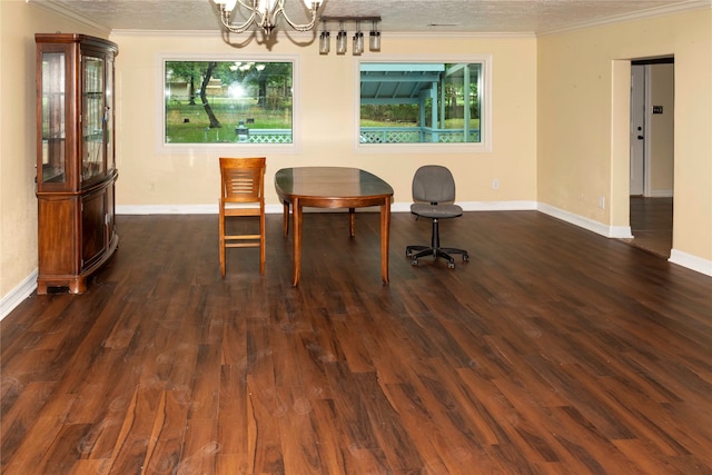 dining space with an inviting chandelier, ornamental molding, dark wood-type flooring, and a textured ceiling