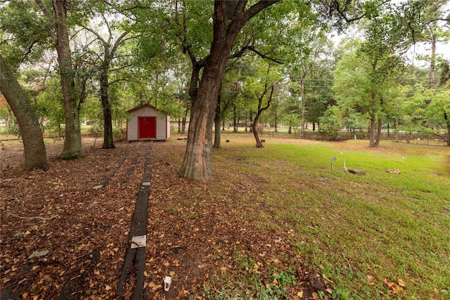 view of yard featuring a storage shed