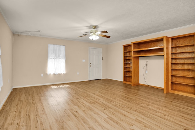 unfurnished living room featuring a textured ceiling, light hardwood / wood-style flooring, ornamental molding, and ceiling fan