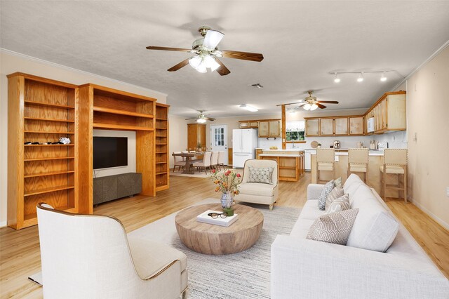 living room with rail lighting, crown molding, light wood-type flooring, and ceiling fan