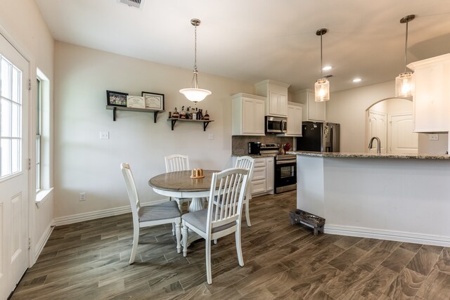 dining space featuring plenty of natural light, sink, and dark wood-type flooring