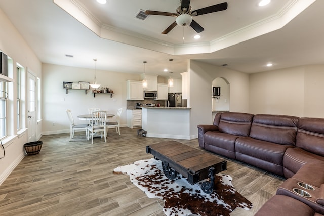 living room featuring ceiling fan, light hardwood / wood-style floors, and a raised ceiling