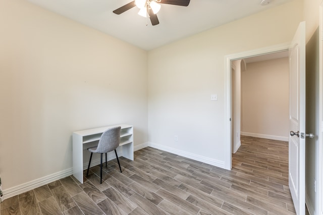 office area with ceiling fan and hardwood / wood-style flooring