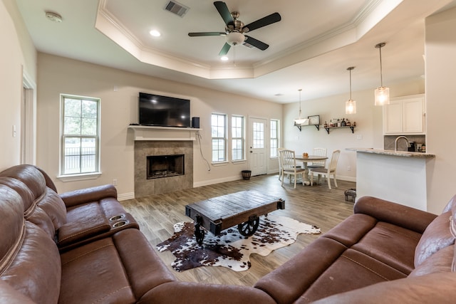 living room featuring ceiling fan, light wood-type flooring, a raised ceiling, and a fireplace