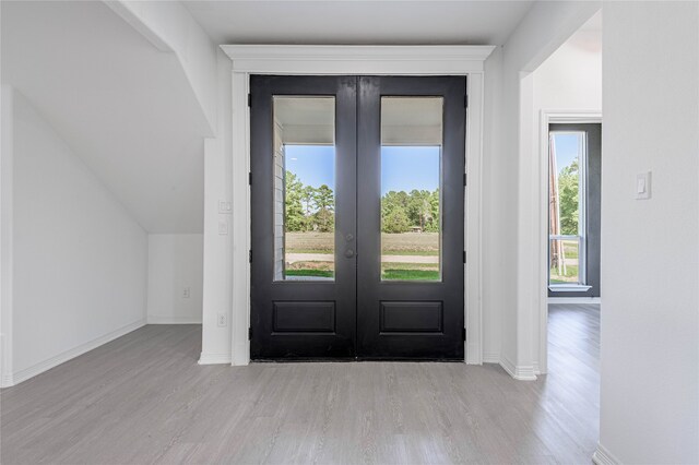 entrance foyer with light hardwood / wood-style flooring, a wealth of natural light, and french doors