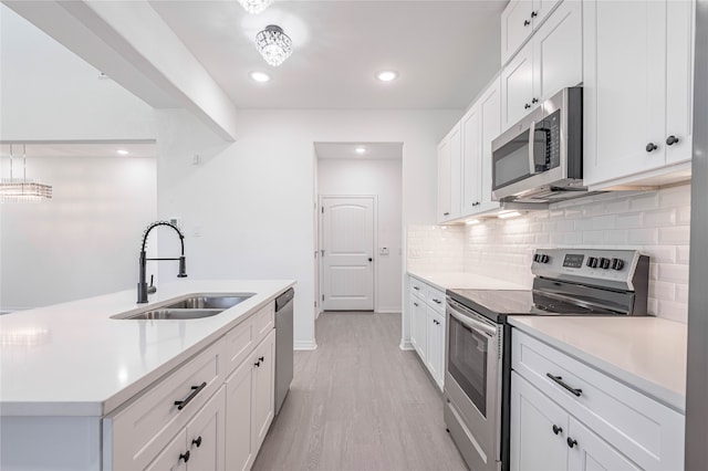 kitchen featuring appliances with stainless steel finishes, light wood-type flooring, tasteful backsplash, sink, and white cabinetry