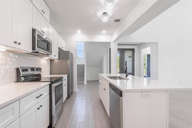 kitchen featuring an island with sink, tasteful backsplash, appliances with stainless steel finishes, white cabinetry, and sink