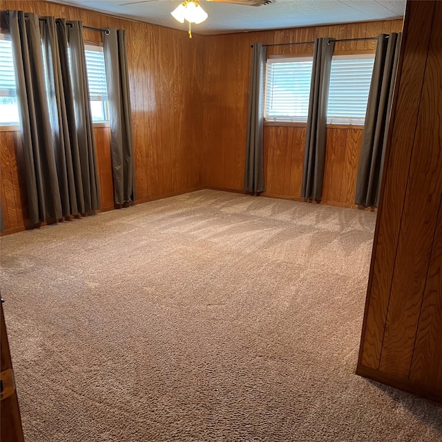 carpeted spare room with wooden walls, a healthy amount of sunlight, and ceiling fan