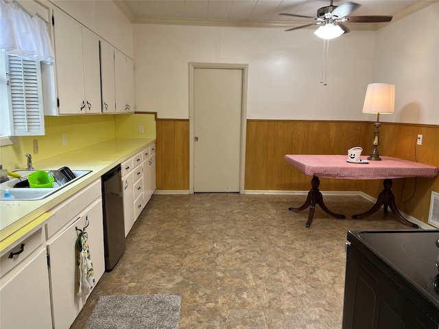 kitchen featuring ceiling fan, light tile floors, sink, dishwashing machine, and white cabinets