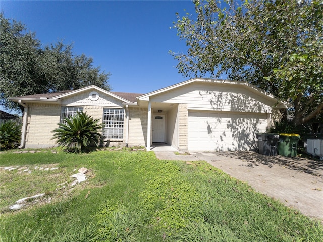 single story home featuring a front lawn and a garage