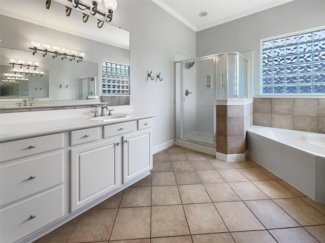 bathroom with crown molding, vanity, independent shower and bath, and tile patterned flooring