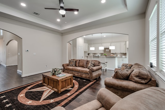 living room with ceiling fan, dark hardwood / wood-style floors, and a raised ceiling