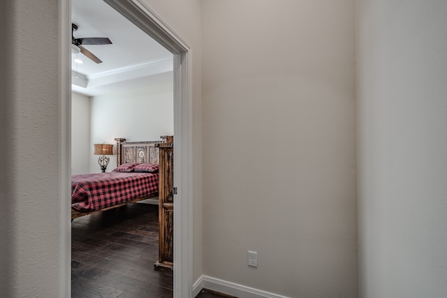 hall with ornamental molding, dark hardwood / wood-style floors, and a raised ceiling