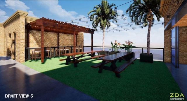 view of yard with a pergola and a balcony