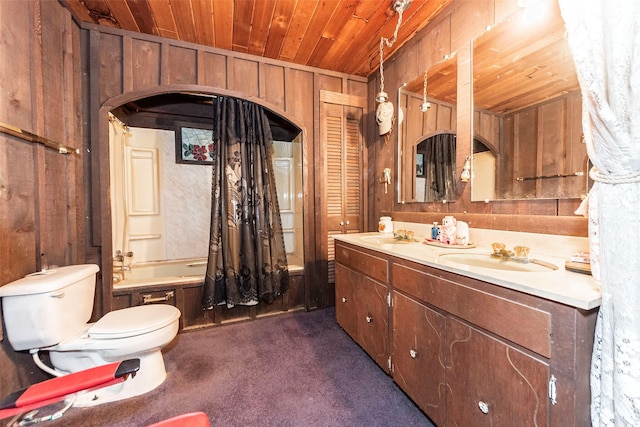 full bathroom featuring wood walls, vanity, shower / tub combo, toilet, and wooden ceiling