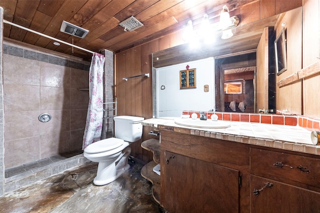 bathroom with curtained shower, vanity, toilet, and wood ceiling