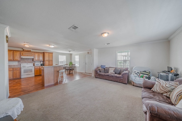 living room with light hardwood / wood-style flooring and ornamental molding