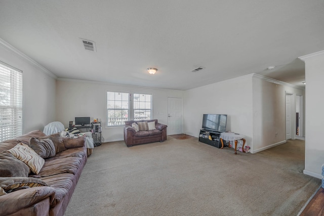 carpeted living room with ornamental molding and a healthy amount of sunlight