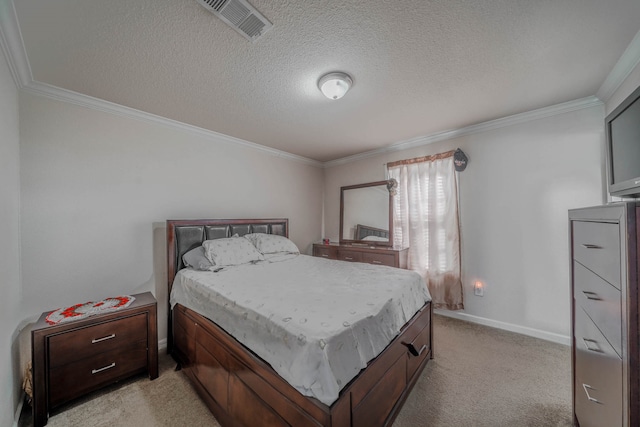 carpeted bedroom with a textured ceiling and crown molding