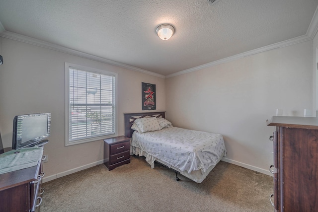 carpeted bedroom with crown molding and a textured ceiling