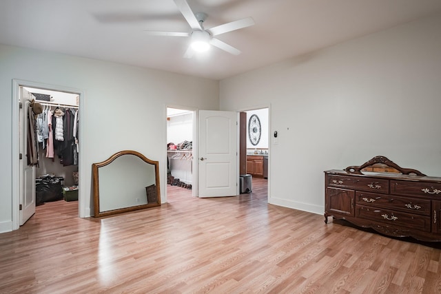 bedroom featuring light wood finished floors, a spacious closet, and a closet