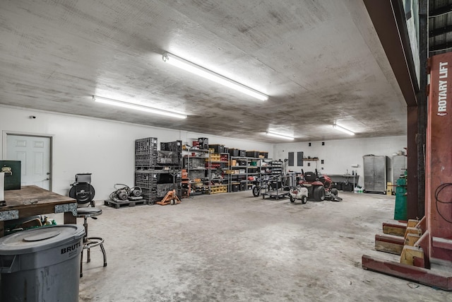 garage with a workshop area