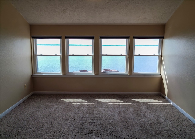 unfurnished room with a textured ceiling, dark carpet, and a healthy amount of sunlight