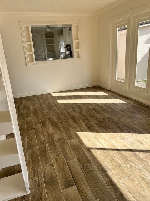 spare room featuring ornamental molding and dark wood-type flooring