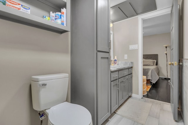 bathroom featuring wood-type flooring, vanity, and toilet