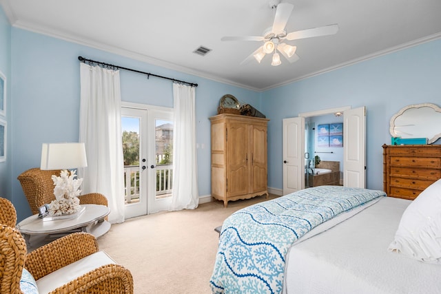 carpeted bedroom with ornamental molding, access to outside, ceiling fan, and french doors