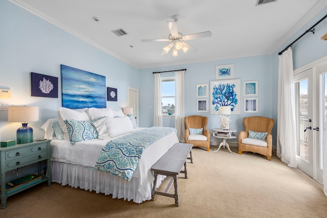 bedroom featuring crown molding, ceiling fan, carpet floors, access to outside, and french doors