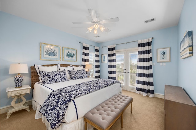 carpeted bedroom with access to exterior and ceiling fan